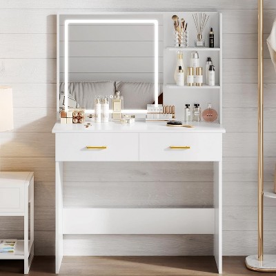 WAYES Vanity Desk with LED Mirror, 3-Foot White Makeup Table for Bedroom, Storage Drawers, and Shelves, White Finish