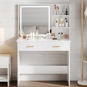 WAYES Vanity Desk with LED Mirror, 3-Foot White Makeup Table for Bedroom, Storage Drawers, and Shelves, White Finish - 1 of 4