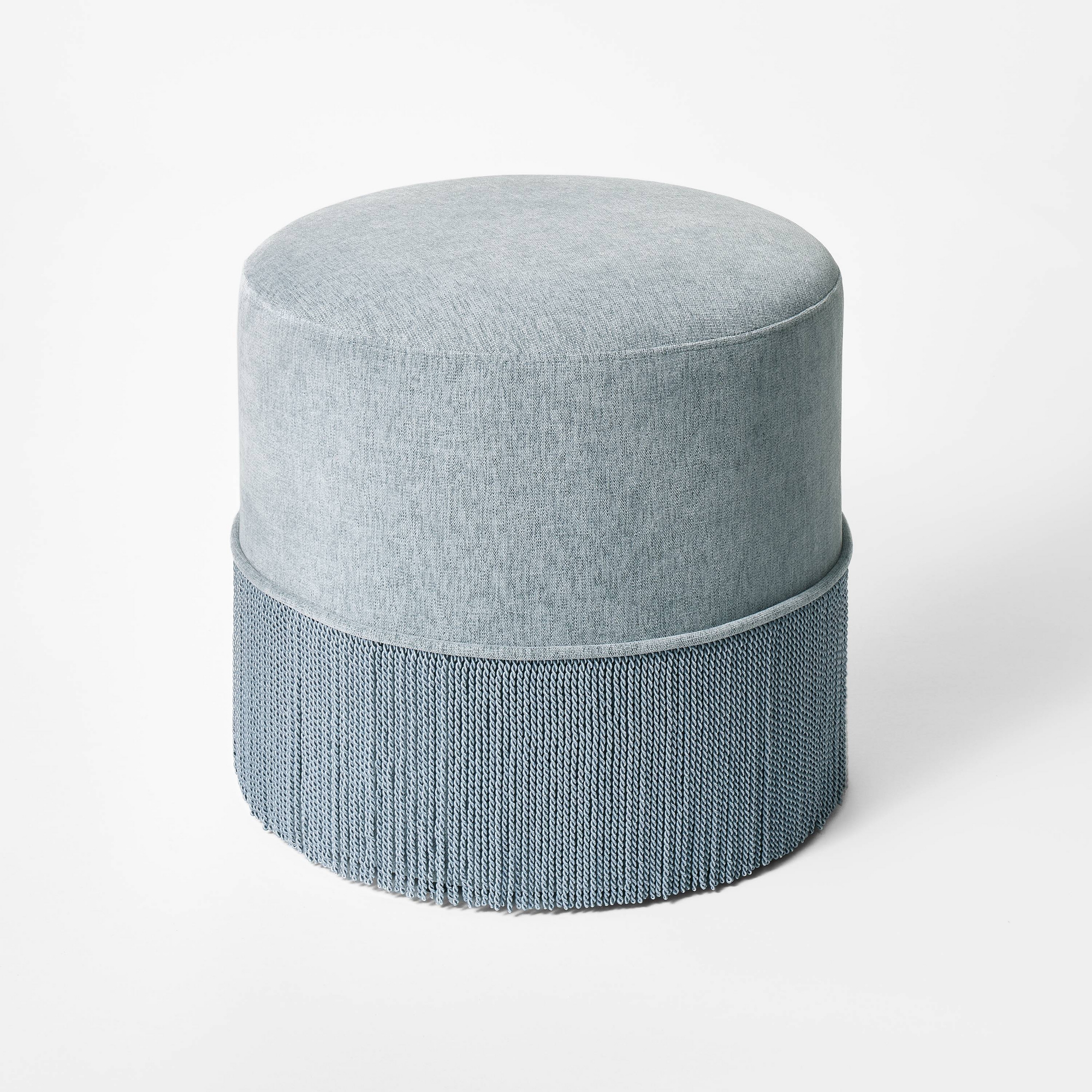 Upholstered Drum Ottoman with Fringe Light Blue
