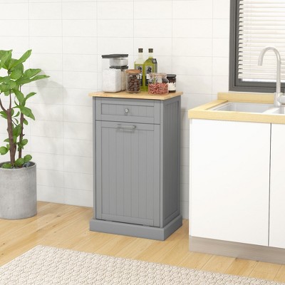 Gray Oak Kitchen Tilt Out Trash Bin Cabinet with Drawer