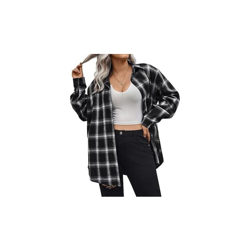Zeagoo Women's Flannel Shirts Plaid Button Down Long Sleeve Shirt Casual Boyfriend Oversized Shacket Work Tops-PAT1-16W