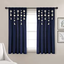 63"x52" Boho Pom Pom Tassel Linen Window Curtain Panel Navy Blue - Lush Décor