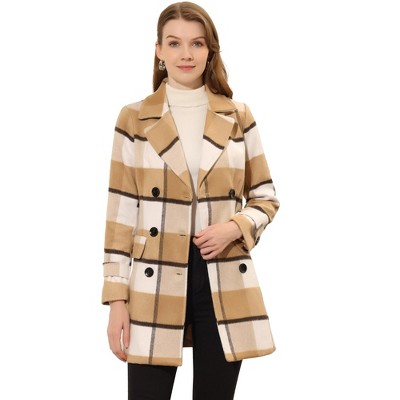 Allegra K Women's Notched Lapel Double Breasted Winter Plaids Overcoat