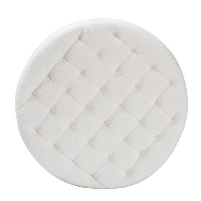 Athena Ivory Boucle and Black Wood Tufted Round Ottoman