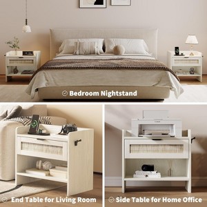 Mid-Century Modern Wicker Nightstand, Boho Bedside Table with Type-c Charging Station, 1 Drawer & Open Compartment for Bedroom - 1 of 4