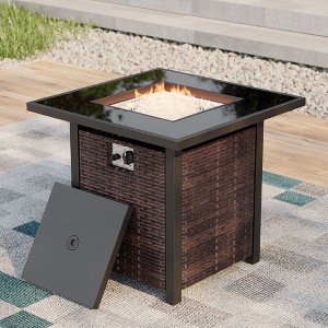Sonkuki 28 Inch 50,000 BTU Outdoor Wicker Patio Gas Fire Pit Table w/Tempered Glass Tabletop, Clear Glass Rocks, and Lid - 1 of 4