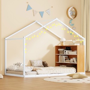 Twin Size Metal House Bed with Bedside Storage Shelves and LED, Montessori Floor Bed Frame with Bookshelf for Kids/Teens Bedroom, No Box Spring Needed - 1 of 4