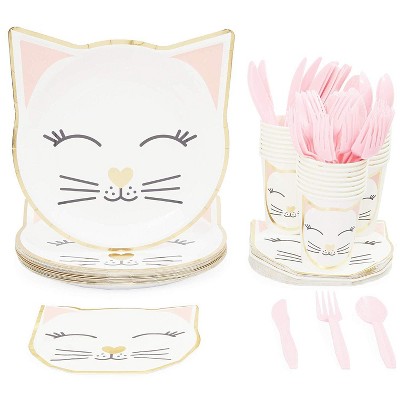 Blue Panda Serves 24 Cat Themed Party Supplies, 144PCS Plates Napkins Cups, Favors Decorations Disposable Paper Tableware Kit Set for Kids Boys Girls