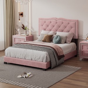 Full/Queen Size Velvet Upholstered Platform Bed with Rivet Design Tufted Headboard 4A - ModernLuxe - 1 of 4