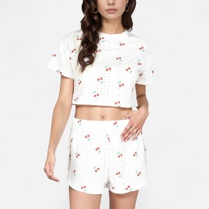 Anna-Kaci Lounge Women's Cherry Print Pajama Set with Cropped Short Sleeve Top and High Waist Relaxed Fit Lounge Shorts - 1 of 4