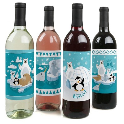 Big Dot of Happiness Arctic Polar Animals - Winter Baby Shower or Birthday Party Decorations for Women and Men - Wine Bottle Label Stickers - Set of 4