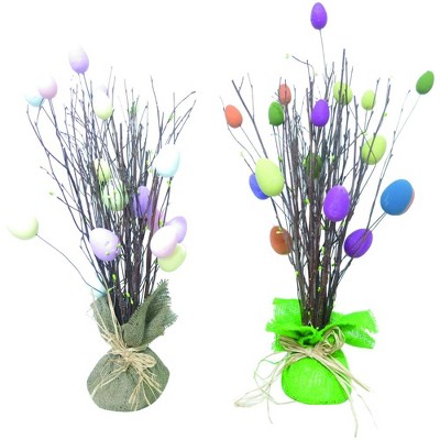 Transpac Set of 2 Multicolored Styrofoam Eggs on Twig Decorative Objects for Spring and Easter Tabletop Decor