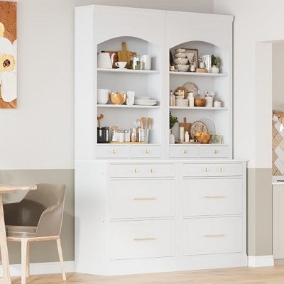 Set of 2, 83.7"H Freestanding Kitchen Pantry Cabinet with Faux Marble Top, 5 Storage Drawers and Adjustable Shelves for Dining-The Pop Home