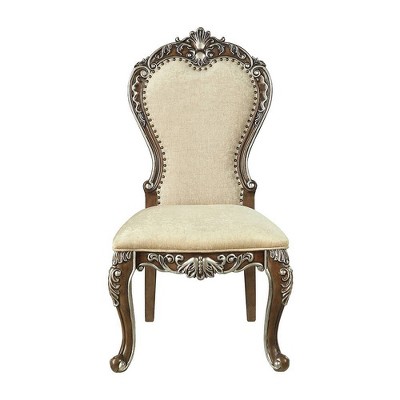 Antique Oak and Gray Chenille Upholstered Side Chair with Nailhead Trim