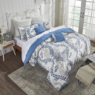 Caspian Blue and White Microfiber Queen Comforter Set with Nautical Design