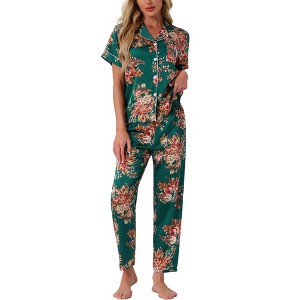 cheibear Women's Silky Short Sleeves Sleepshirt with Pants Sleepwear Pajama Set 2 Pcs - 1 of 4
