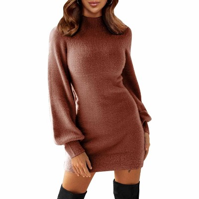 EXLURA Women's Mock Neck Ribbed Long Sleeve Bodycon Pullover Cute Mini Sweater Dress