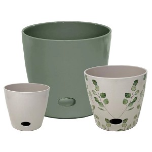Bamboo Blooms Self-Watering Planter Set of 3 - Cream, Green Leaves & Sage Green - 1 of 4