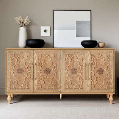 63'' Large Storage Cabinet with Metal Handle, Carved Flower Doors, Wooden Mordern Sideboard Console with Adjustable Shelves - Leovsnove