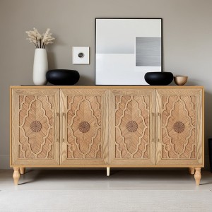 63'' Large Storage Cabinet with Metal Handle, Carved Flower Doors, Wooden Mordern Sideboard Console with Adjustable Shelves - Leovsnove - 1 of 4