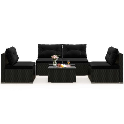 Tangkula 5 PCS Patio Furniture Set w/ Seat & Back Cushions Tempered Glass Tabletop