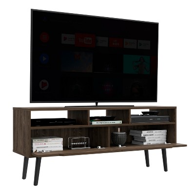 Vynxaria TV Stand for TVs up to 52", Dark Walnut Finish, Three Open Shelves, Two Drawers