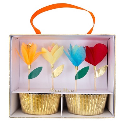 Meri Meri - Bright Floral Cupcake Kit - Baking Cups - 24 cupcake liners with toppers