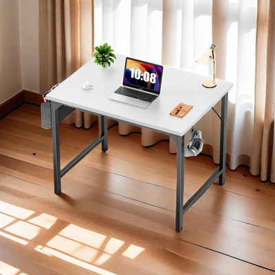 FONTOI Computer Desk with Storage Bag and Headphone Hook, Small Home Office Writing Study Desk PC Table, White, 34"*3"*23"