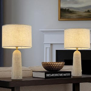 ALOADECOR 1-Light 21'' Vintage Classic Natural Travetine Tapered Table Lamp With Beige Linen Shade For Bedroom and Living Room(2 Pack) - 1 of 4
