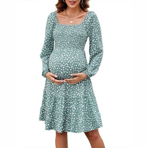 Womens Maternity Dress  Shirred Square Neck Fit and Flared Dress Long Sleeve Maternity Dress Flounce Hem Tiered Midi Dress - 1 of 4