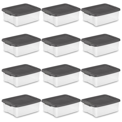 Sterilite 25 Quart Shelf Tote with Flat Gray Lid and Platinum Latches (18 Pack)