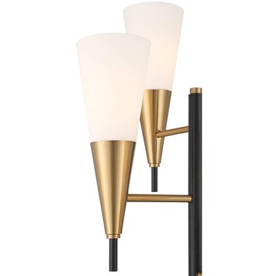 71" Tall Black and Gold Mid Century Modern Floor Lamp with Frosted Glass Shades