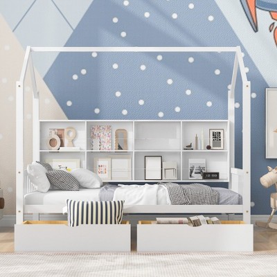 Wooden Twin Size House Bed With 2 Drawers, Storage Shelf Kids' Bed, Multifunctional Sky Roof House Bed Frame
