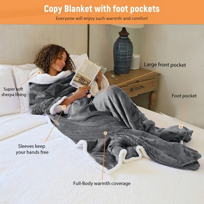 Gray Sherpa Fleece Wearable Blanket with Sleeves and Foot Pockets