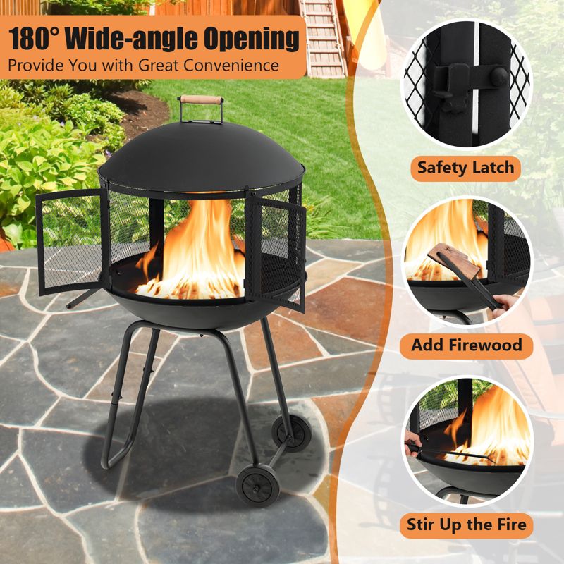 Tangkula Portable Fire Pit w/ Wheels 28" Wood Burning Fire Pit w/ Log Grate Poker Rolling Patio Fireplace Bonfire Firepit for Outdoor Entertaining, 5 of 11