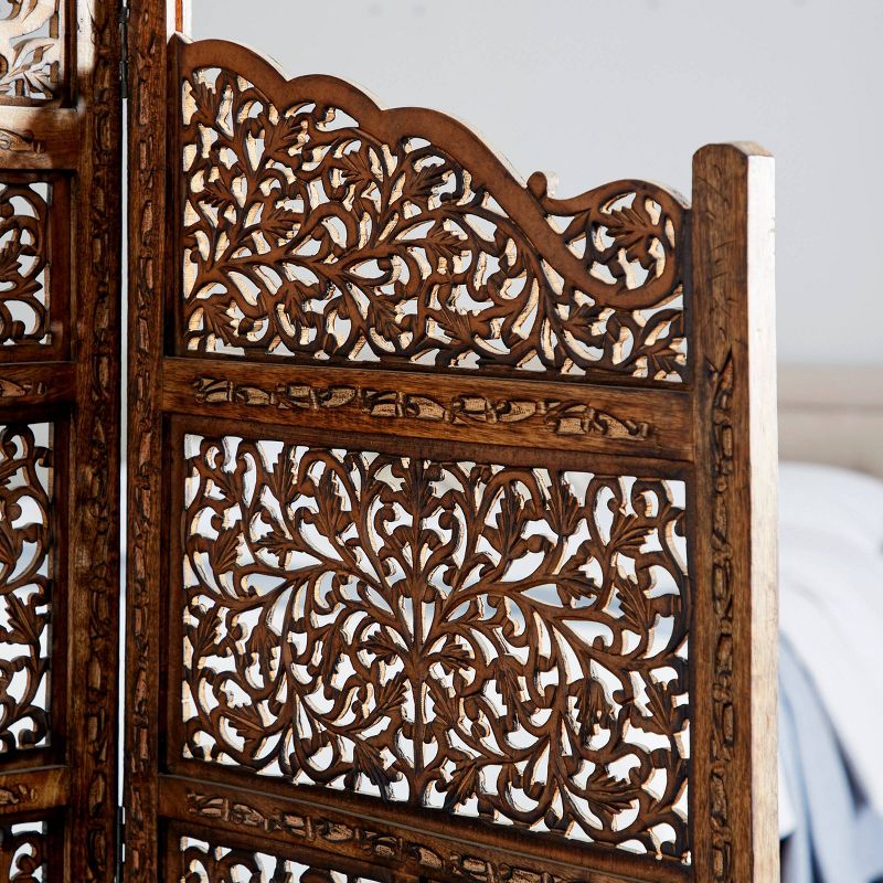 Traditional Wood Carved Pattern Room Divider Screen Brown - Olivia &#38; May, 4 of 7