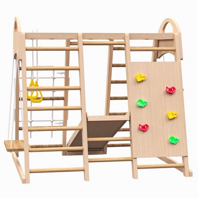 KTMBDW Indoor Playground 7-in-1 Jungle Gym Kids Climbing Toys, Montessori Philosophy Waldorf Style Wooden Climber Playset with Slide, Swing, Natural