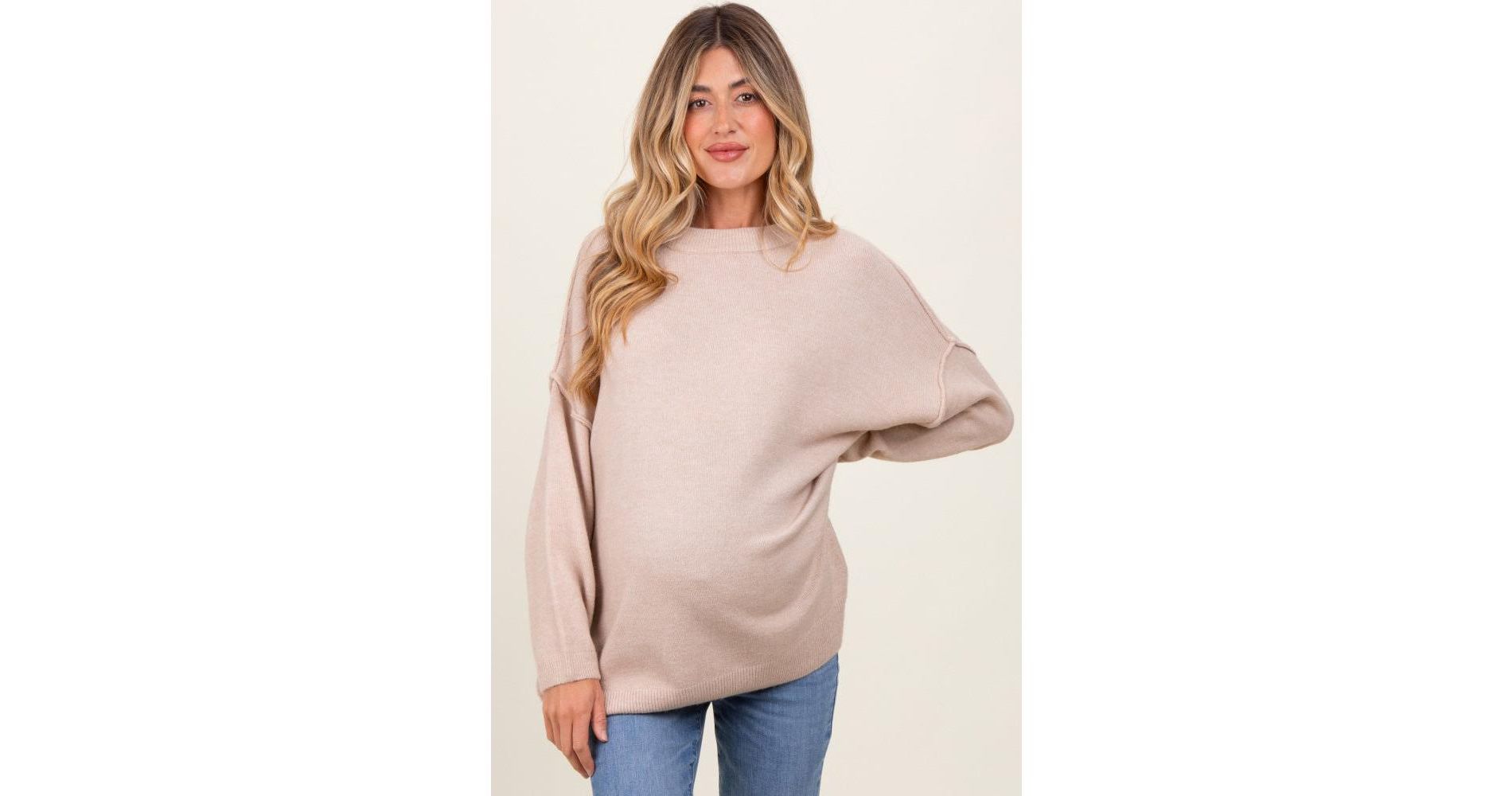 Pinkblush Beige Oversized Crewneck Melange Knit Maternity Sweater