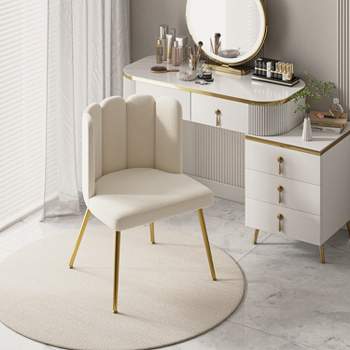 Barbara Contemparary Velvet Vanity Stool for Makeup Room, Moden Accent Side Chairs for Living Room with Shell Back and Golden Metal Legs | ARTFUL LIVING DESIGN