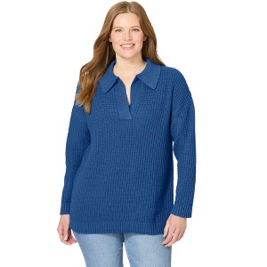Woman Within Plus Size Waffle Polo Sweater - 1 of 4
