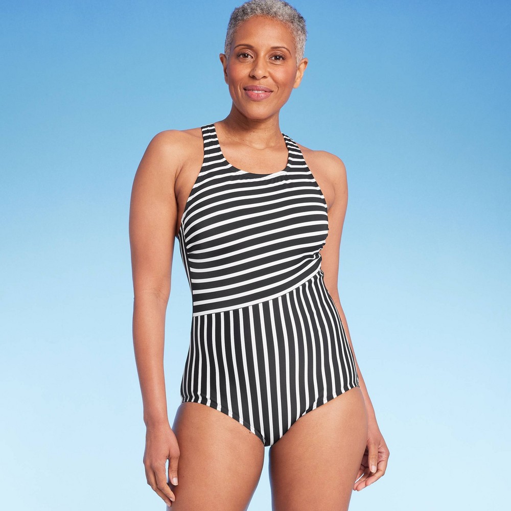Photos - Swimwear Lands End Lands' End Women's UPF 50 Full Coverage Striped High Neck Tugless One Piec 