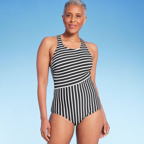 Lands' End Women's UPF 50 Full Coverage Striped High Neck Tugless One Piece  Swimsuit - Black/White XS