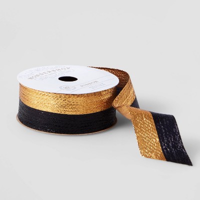 1.5" Fabric Ribbon Black with Gold Stripe 20ft - Wondershop™