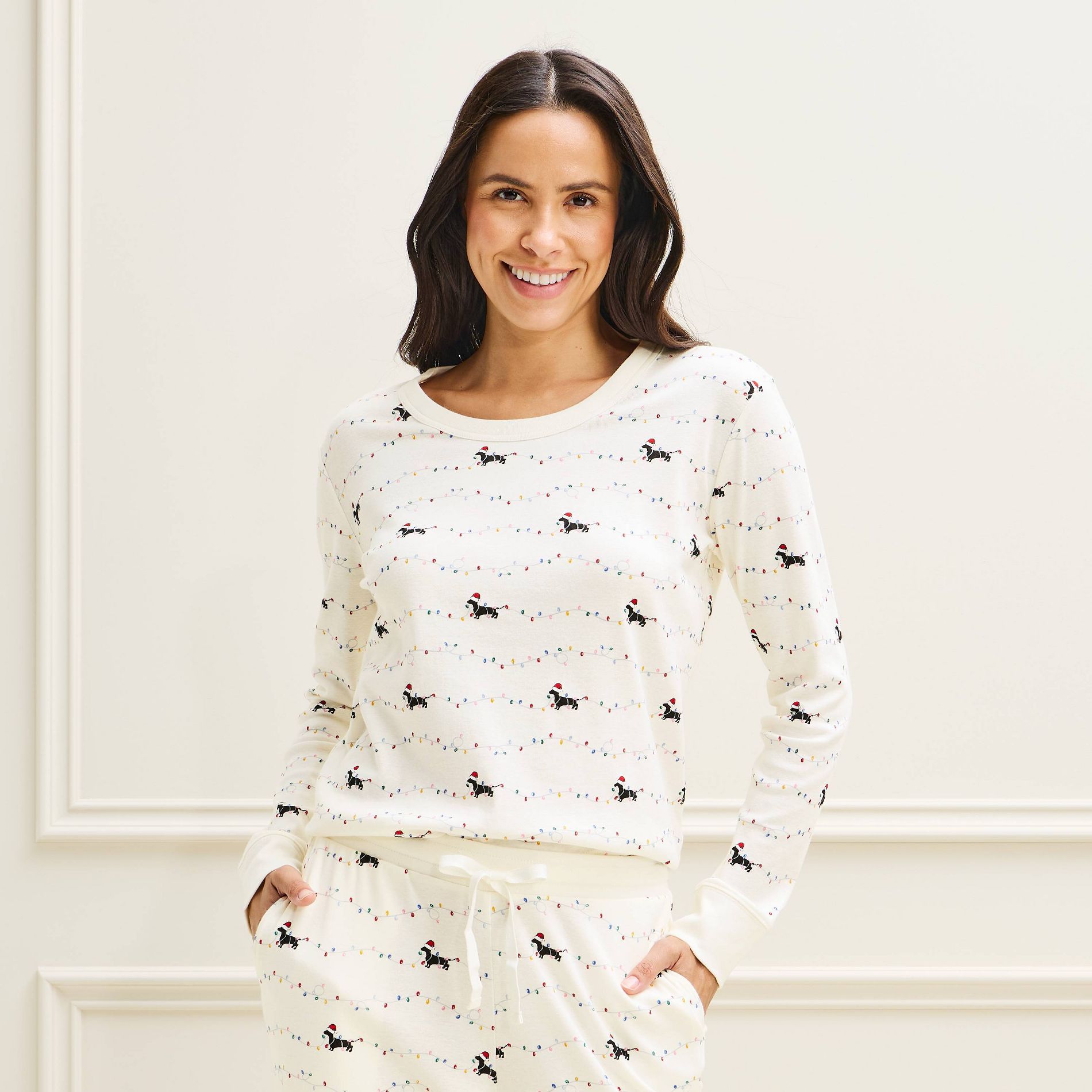 Women's Holiday Dachshund Matching Family Cotton Pajama Top - Wondershop™ Cream