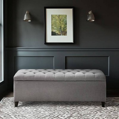 Gray Tufted Birch Storage Bench with Graduated Legs
