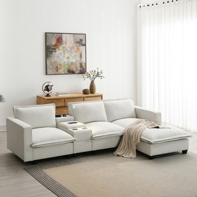 109"W Modern Sectional Cloud Sofa with Console & Reading Light, 4 Seat Chenille Upholstered Couch with USB Charger & Cup Holder - ModernLuxe