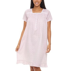 ADR Women's Cotton Nightgown Short Sleeve Lace Trim Button Up Vintage Night Dress Gown - 1 of 4