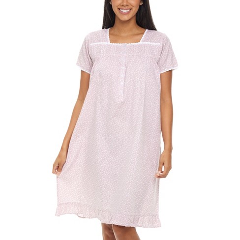 ADR Women's Cotton Victorian Nightgown, Sophia Short Sleeve Button Up Short  Sleeve Nightshirt White Floral on Mauve X Small