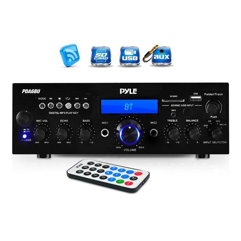 Pyle PDA6BU 200W 4 Ohm Bluetooth LCD Home Stereo Amplifier Receiver with Remote, FM Antenna, USB FlashDrive, and Auxiliary Input, 3 of 8