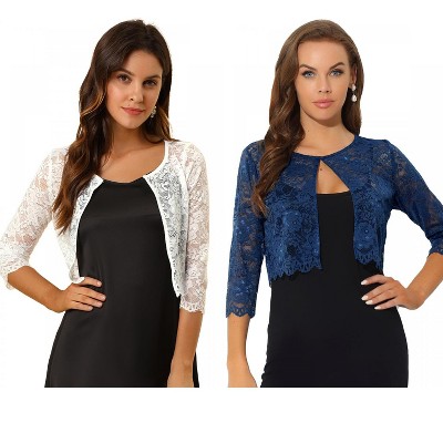 Allegra K Women's Elegant 3/4 Sleeve Sheer Floral Lace Cropped Bolero Shrugs 2 Packs